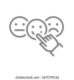 La mano elige entre el icono de la línea de calificación feliz y triste. Comentarios de los clientes, positivos o negativos, símbolo de voto