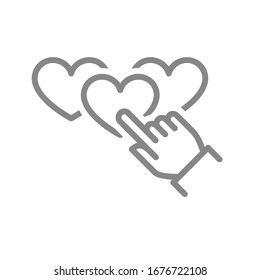 Hand chooses hearts rating line icon. Customer review, quality control symbol