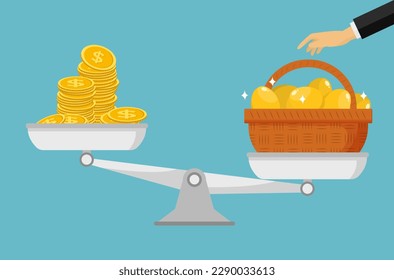 hand choosing a basket of golden eggs on a balance scale rather than money