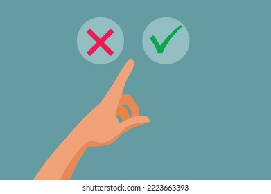 Hand Choosing Between Accept and Reject Icon on Web Interface Vector Cartoon. Person deciding between user interface graphic buttons