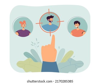 Hand choosing between man and women flat vector illustration. Person making choice. Target, candidate, competition, comparison, gender concept for banner, website design or landing web page