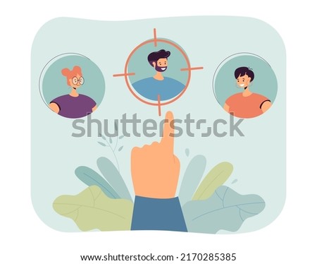 Hand choosing between man and women flat vector illustration. Person making choice. Target, candidate, competition, comparison, gender concept for banner, website design or landing web page