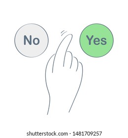 Hand choosing button to push. Concept of difficult choice between two options, alternatives or opportunities, life dilemma, decision making, voting or survey. Flat outline vector illustration on white