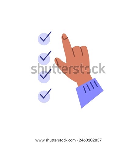 Hand choosing check mark. Concept of checklist, task done, success, right decision. Best choice hand gesture. Sign of request approved. Vector illustration in flat design for banner, UI