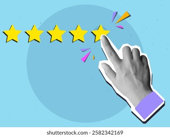 Hand choosing a fifth yellow star. Excellent mark concept. Modern collage style. Vector illustration