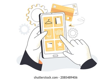 Hand choosing goods in online shop app via smartphone. Guy clicking on selected product category flat vector illustration. Electronic purchase and payment, ecommerce, customer service concept