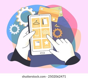 Hand choosing goods in online shop app via smartphone. Guy clicking on selected product category flat vector illustration. Electronic purchase and payment, ecommerce, customer service concept