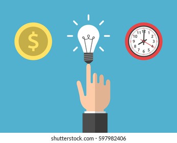 Hand choosing idea instead of money and time. Gold dollar coin, light bulb and clock on blue. Creativity and work concept. Flat design. Vector illustration. EPS 8, no transparency