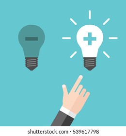 Hand Choosing Light Bulb With Plus Sign Instead Of One With Minus. Positive And Negative Thinking, Inspiration And Motivation Concept. Flat Design. EPS 8 Vector Illustration, No Transparency