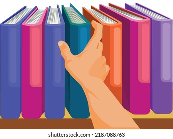 Hand choosing and picking off book from bookshelf in library for education research. Bestseller collection in bookstore. Scholarship and educational opportunity