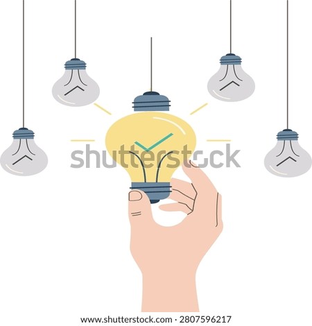 Hand Choosing the Right Glowing Light Bulb with Checkmark, Best Idea and Solution Concept