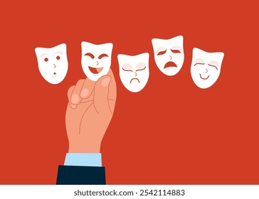 Hand choosing the right mask to wear. Lies, fraud or fake, business cheating or suspicion false. Modern vector illustration in flat style