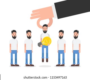 Hand choosing worker who has idea from group of people. Recruitment concept. Vector illustration.