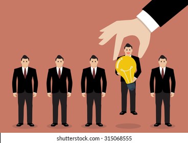 Hand choosing worker who has idea from group of businessmen. Recruitment concept