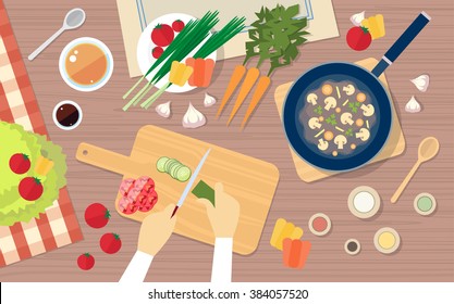 Hand Chopping Vegetables, Cooking Table Kitchen Healthy Food Top Angle View Flat Vector Illustration
