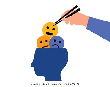 A hand with chopstick analyzing emojis, emotional manipulation concept illustration