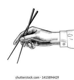 Hand with chopsticks. Chinese cuisine. Vintage stylized drawing. Vector illustration