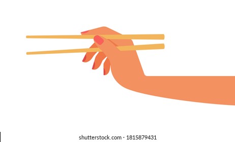 Hand with chopsticks. Empty bamboo chopsticks. Female hand. Vector isolated template. White background