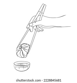 Hand with chopsticks holding Dim sum dumpling and cup with soup or sauce Black and white linear drawing sketch.Asian food Vector graphic.Chinese cuisine.Design element for menu cafe,poster,banner