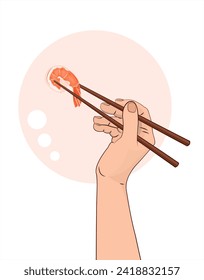 A hand with chopsticks holds a shrimp. Asian kitchen elements with shrimp and wooden chopsticks. Hand drawn holding a shrimp. Vector sushi chopsticks. Vector illustration.