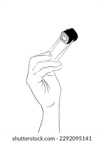 A hand with chopsticks holds a sushi roll. Asian kitchen elements with sushi roll and wooden chopsticks. Hand drawn holding a sushi roll. Vector sushi roll chopsticks. Vector illustration.