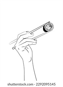 A hand with chopsticks holds a sushi roll. Asian kitchen elements with sushi roll and wooden chopsticks. Hand drawn holding a sushi roll. Vector sushi roll chopsticks. Vector illustration.