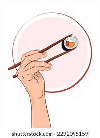 A hand with chopsticks holds a sushi roll. Asian kitchen elements with sushi roll and wooden chopsticks. Hand drawn holding a sushi roll. Vector sushi roll chopsticks. Vector illustration.