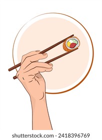 A hand with chopsticks holds a sushi roll. Asian kitchen elements with sushi roll and wooden chopsticks. Hand drawn holding a sushi roll. Vector sushi roll chopsticks. Vector illustration.