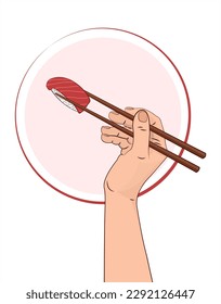 A hand with chopsticks holds a sushi with tuna. Asian kitchen elements with sushi and wooden chopsticks. Hand drawn holding a sushi with tuna. Vector sushi  chopsticks. Vector illustration.