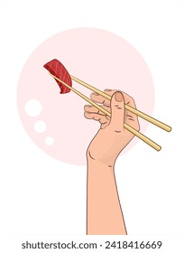 Eine Hand mit Stäbchen hält einen Thunfisch-Sashimi. asiatische Küchenelemente mit Sushi und Holzsticken. Handgezeichnet mit Thunfisch-Sashimi. Vektor-Sushi-Stäbchen. Vektorgrafik.