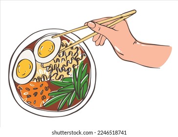 Hand with chopsticks and soup Chan ramen. Asian food. Healthy food. Vector illustration for any design.