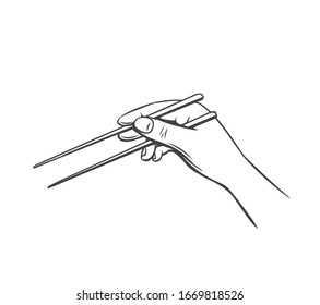 Hand with chopsticks sushi and asian food, instruction. Outline vector illustration.