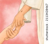 Hand of Christ reaching down from heaven to grab the hand of man