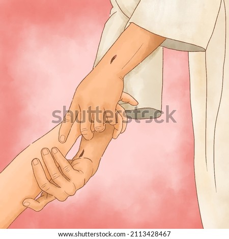 Hand of Christ reaching down from heaven to grab the hand of man
