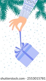 Hand in Christmas sweater holding a gift. Funny holiday illustration in flat style. Vector images.