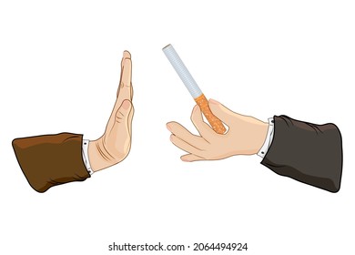 Hand with cigarette and hand gesture to reject proposal smoke isolated on white background. No smoking concept. Refuse cigarette offer. Tobacco abuse concept. Quit bad habit. Stock vector illustration