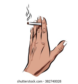hand with cigarette on a white background. Vector EPS illustration