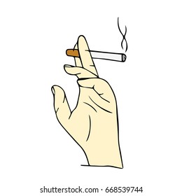 Hand with cigarette on white background vector illustration. Doodle style. Design icon, print, logo, poster, symbol, decor, textile, paper, card. 