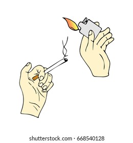 Hand with cigarette on white background vector illustration. Doodle style. Design icon, print, logo, poster, symbol, decor, textile, paper, card. 
