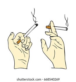 Hand with cigarette on white background vector illustration. Doodle style. Design icon, print, logo, poster, symbol, decor, textile, paper, card. 