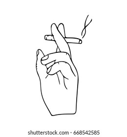 Hand with cigarette on white background vector illustration. Doodle style. Design icon, print, logo, poster, symbol, decor, textile, paper, card. 