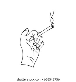 Hand with cigarette on white background vector illustration. Doodle style. Design icon, print, logo, poster, symbol, decor, textile, paper, card. 