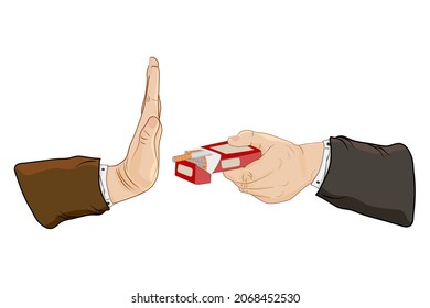 Mano con cigarrillo y mano con gesto de rechazo aislado en fondo blanco. No fumar o antitabaco. Mano da caja de cigarrillos a otra mano. Deja el mal hábito. Ilustración vectorial de acciones