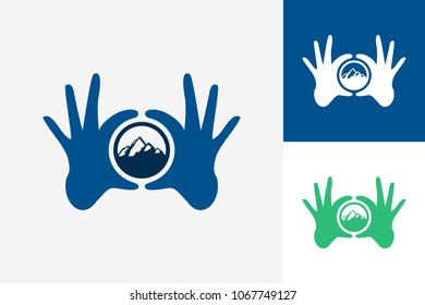 Hand Circle Mountain Logo Template Design Vector, Emblem, Design Concept, Creative Symbol, Icon