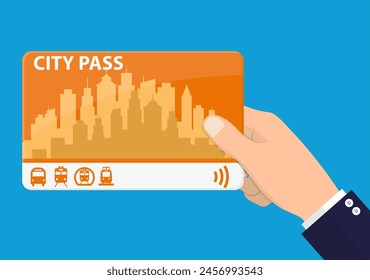 Hand with city pass. Bus, train, subway travel ticket with cashless payment system. Card with map of city with roards and houses. Vector illustration in flat style