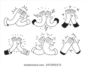 Hand clap, give five gesture. Set of Outline doodle agreement. Sketch hand drawing. Collection of Friendship and applaud concept. Cartoon positive communication of two people