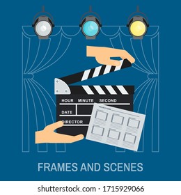 Hand with clapboard. Movie making and premiere concept. Flat vector cartoon illustration. Objects isolated on a white background.
