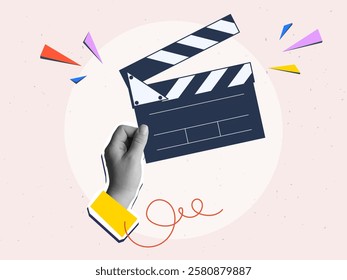 Hand with clapperboard. Modern collage style. Vector illustration