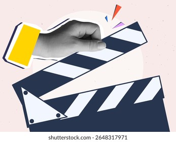 Mão com clapperboard. Estilo de colagem moderno. Ilustração vetorial