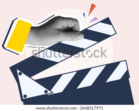 Hand with clapperboard. Modern collage style. Vector illustration